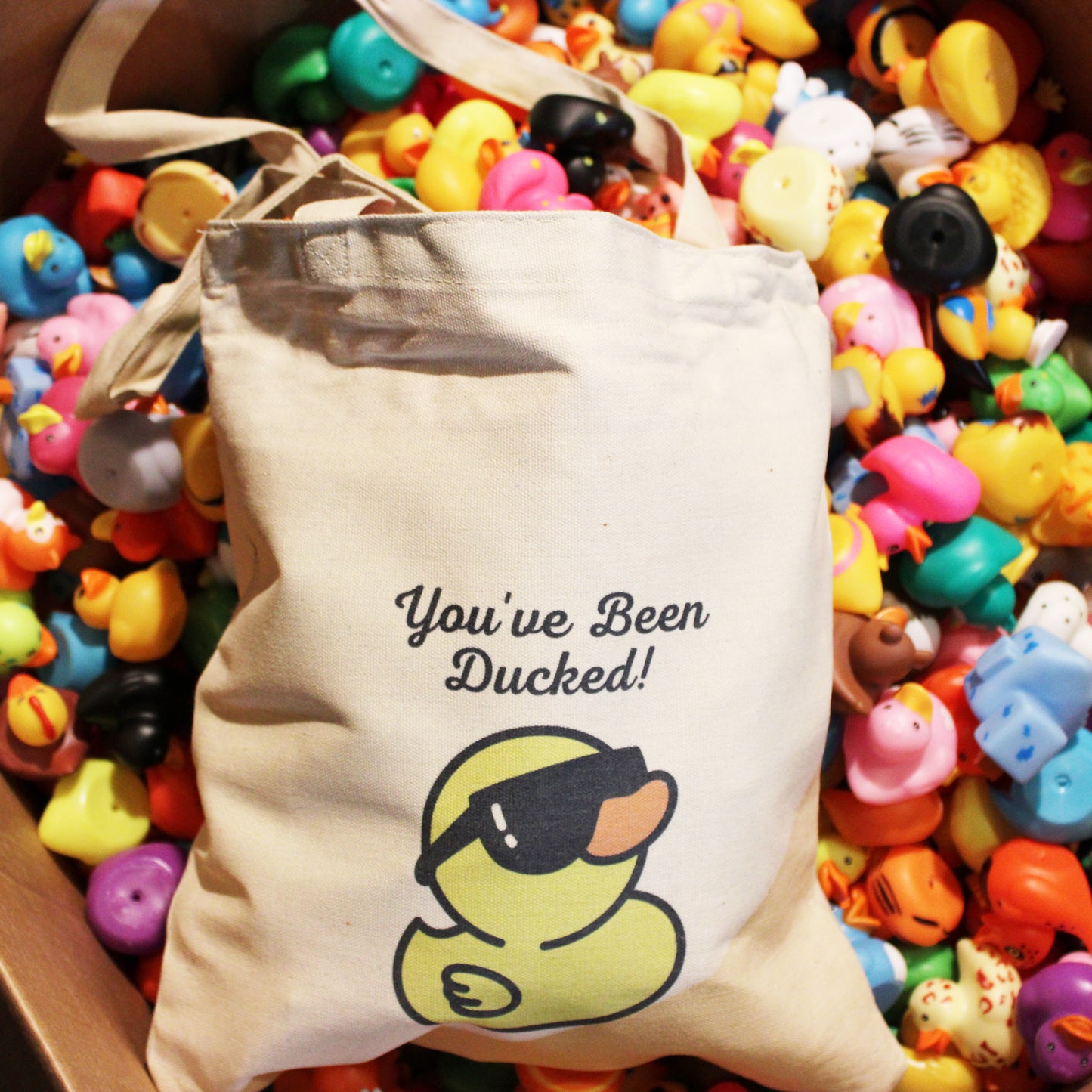 Bag of 25 Rubber Ducks with You've Been Ducked Canvas Tote