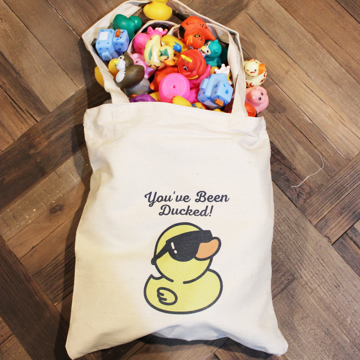 Bag of 25 Rubber Ducks with You've Been Ducked Canvas Tote